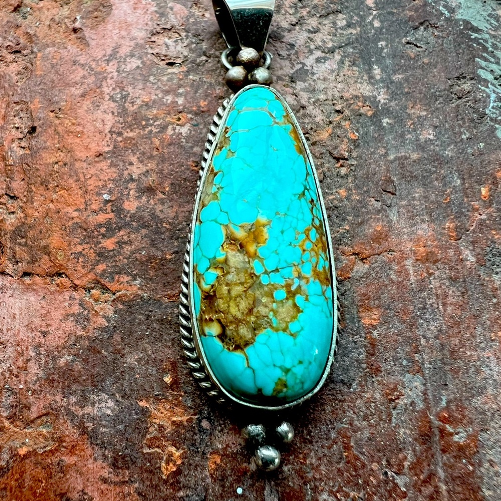 Genuine Turquoise Pendant, Sterling Silver, Native American stamped T .